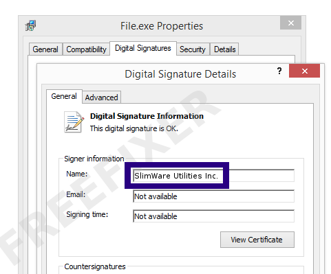 Screenshot of the SlimWare Utilities Inc. certificate